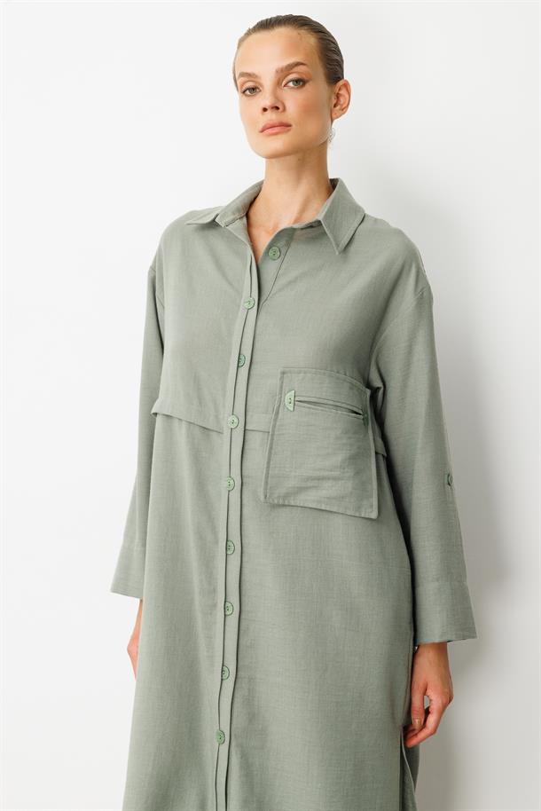 Tek Cep Keten Görünümlü Uzun Tunik-ÇAĞLA