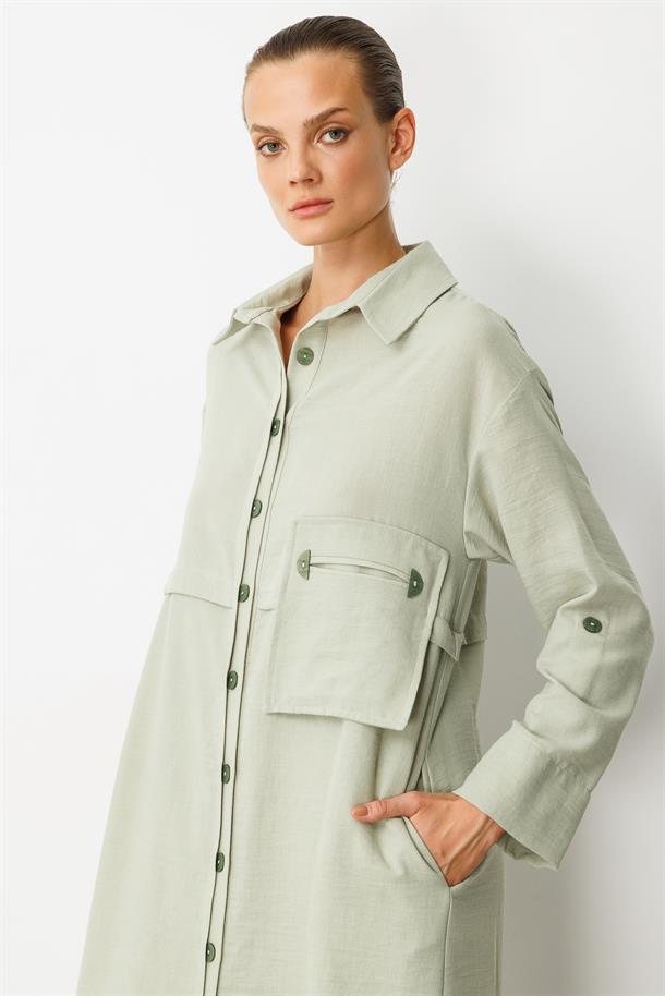 Tek Cep Keten Görünümlü Uzun Tunik-SU YEŞİLİ