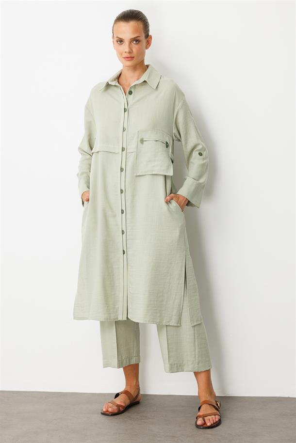Tek Cep Keten Görünümlü Uzun Tunik-SU YEŞİLİ