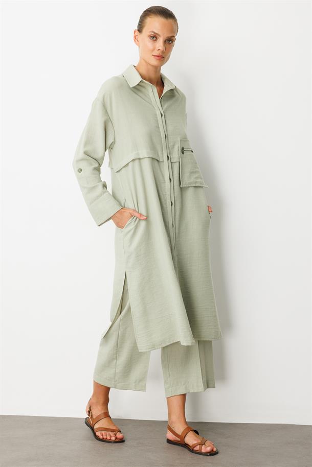 Tek Cep Keten Görünümlü Uzun Tunik-SU YEŞİLİ
