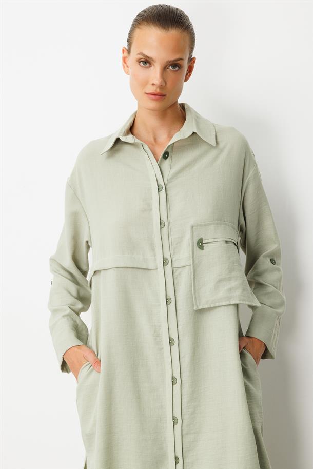 Tek Cep Keten Görünümlü Uzun Tunik-SU YEŞİLİ