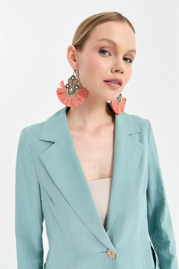 Tek Düğme ve Cep Detaylı Keten Ceket-MINT