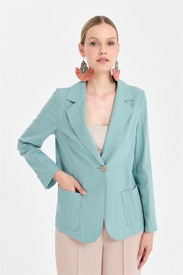 Tek Düğme ve Cep Detaylı Keten Ceket-MINT