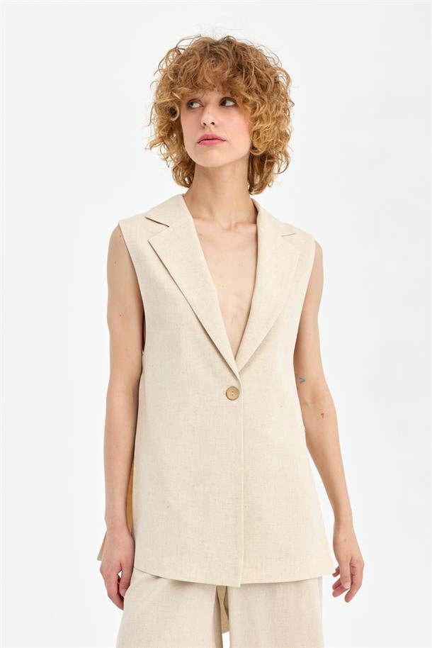 Tek Düğmeli ve Bel Bağlamalı Keten Yelek-BEJ