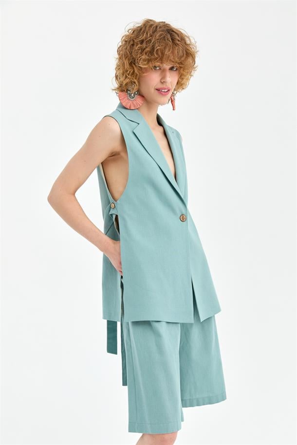 Tek Düğmeli ve Bel Bağlamalı Keten Yelek-MINT