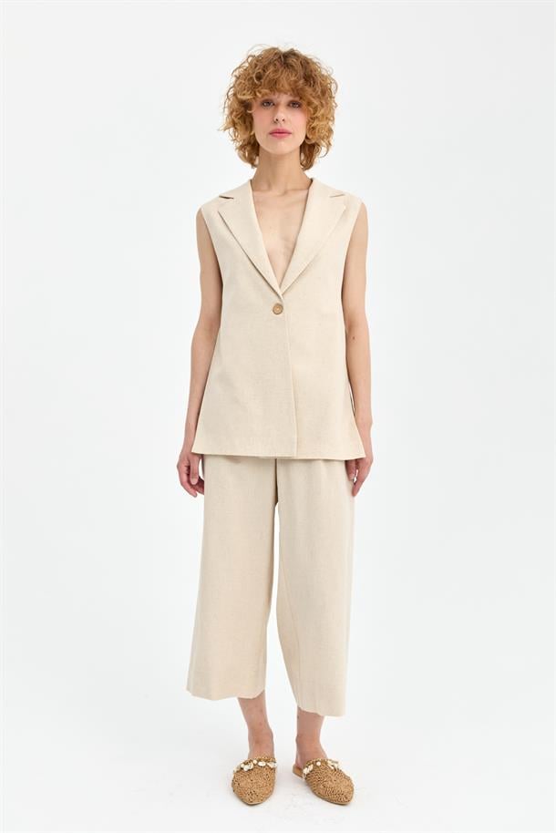Tek Düğmeli ve Bel Bağlamalı Keten Yelek-BEJ