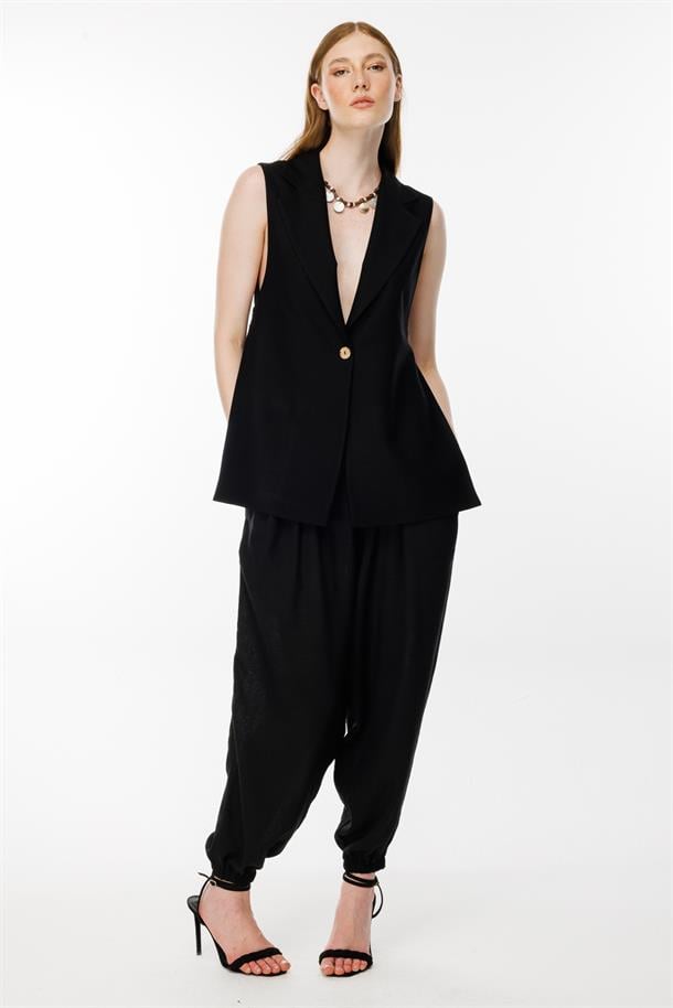 Tek Düğmeli ve Bel Bağlamalı Keten Yelek-SİYAH