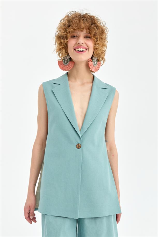 Tek Düğmeli ve Bel Bağlamalı Keten Yelek-MINT