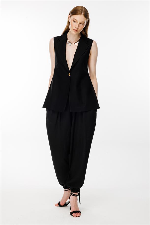 Tek Düğmeli ve Bel Bağlamalı Keten Yelek-SİYAH