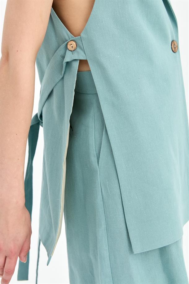 Tek Düğmeli ve Bel Bağlamalı Keten Yelek-MINT