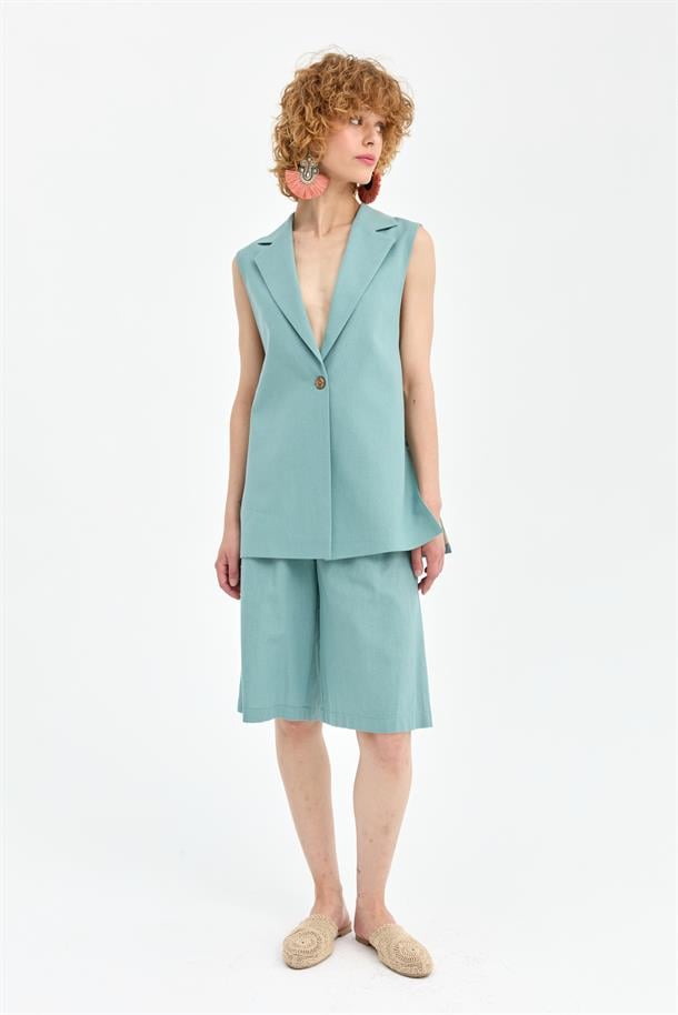 Tek Düğmeli ve Bel Bağlamalı Keten Yelek-MINT