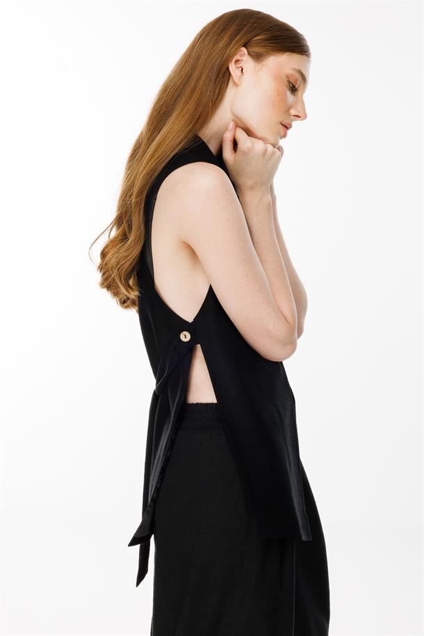 Tek Düğmeli ve Bel Bağlamalı Keten Yelek-SİYAH