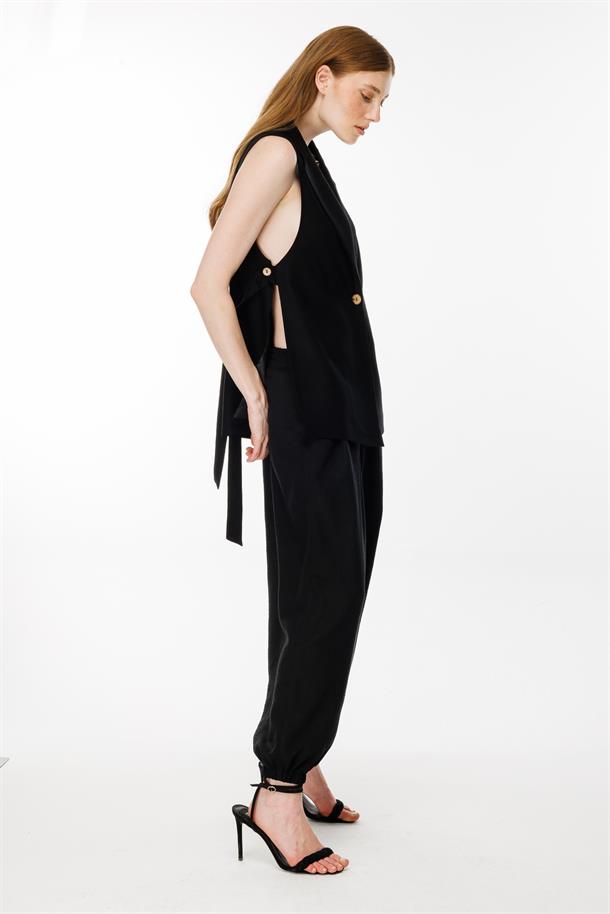 Tek Düğmeli ve Bel Bağlamalı Keten Yelek-SİYAH