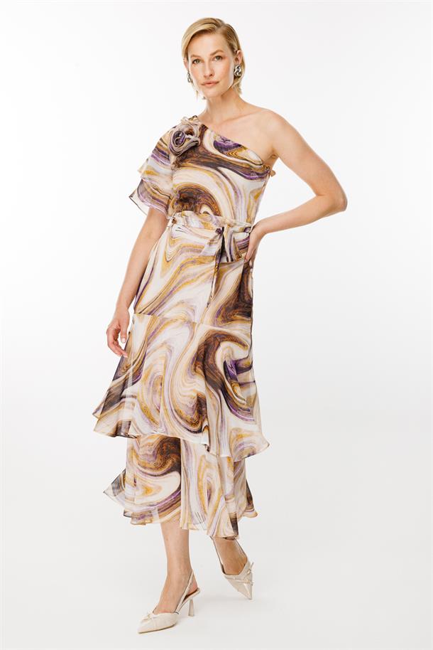 Tek Omuz Baskılı Şifon Elbise-PEMBE