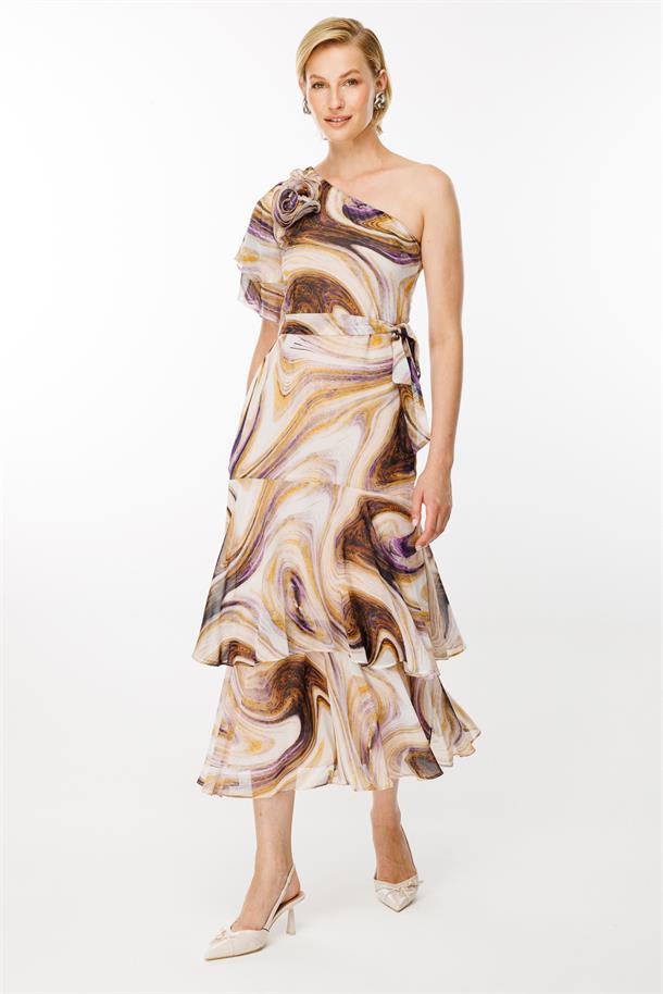 Tek Omuz Baskılı Şifon Elbise-PEMBE