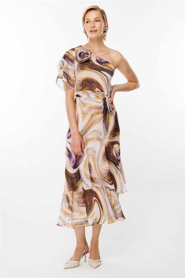 Tek Omuz Baskılı Şifon Elbise-PEMBE