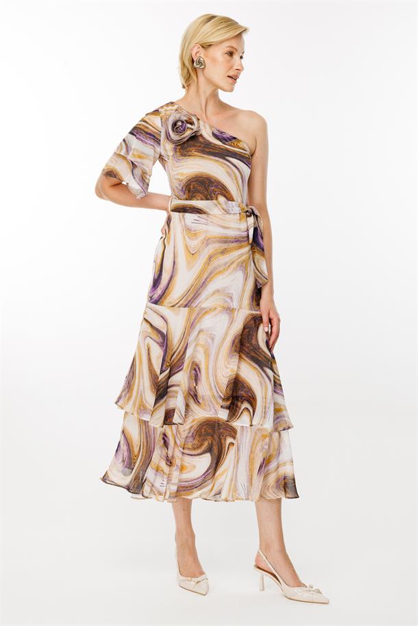 Tek Omuz Baskılı Şifon Elbise-PEMBE