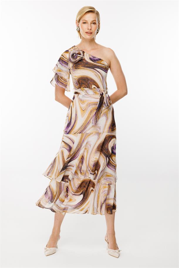 Tek Omuz Baskılı Şifon Elbise-PEMBE