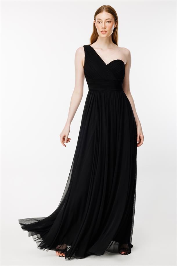 Tek Omuz Dpape Ve Yırtmaç Detaylı Abiye-SİYAH