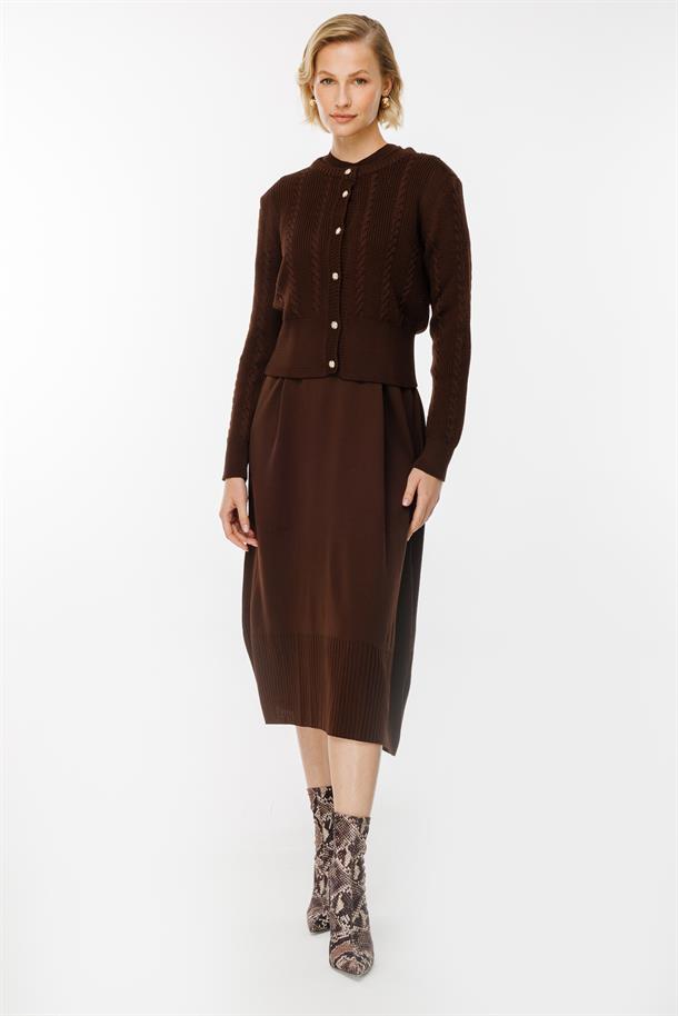 Triko Elbise ve Hırka İkili Takım-KAHVE