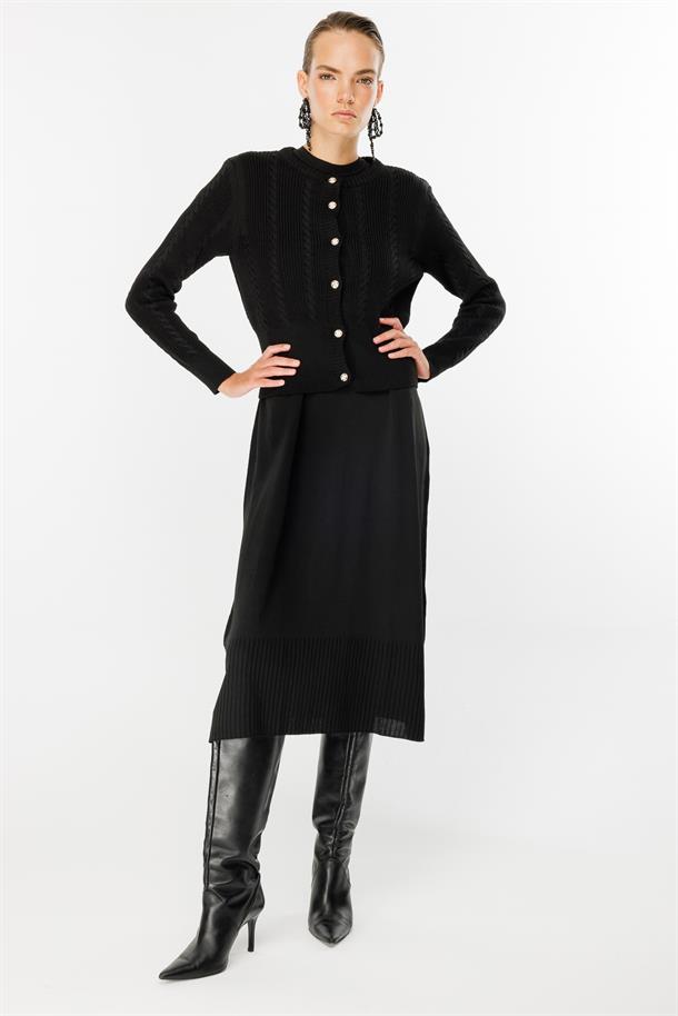 Triko Elbise ve Hırka İkili Takım-SİYAH