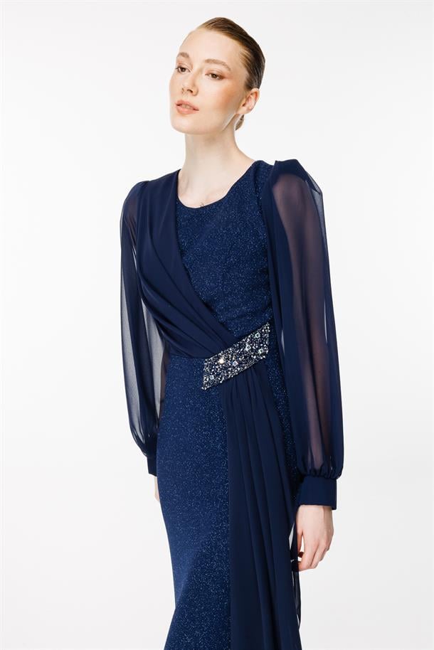 Tül Ve Taş Detaylı Uzun Abiye-LACI