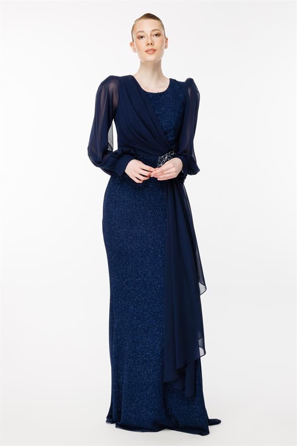 Tül Ve Taş Detaylı Uzun Abiye-LACI