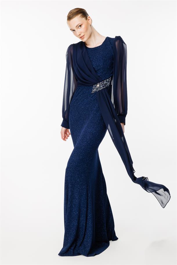 Tül Ve Taş Detaylı Uzun Abiye-LACI