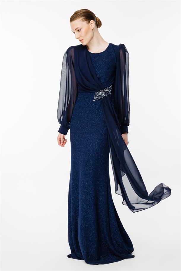 Tül Ve Taş Detaylı Uzun Abiye-LACI