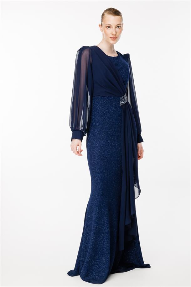 Tül Ve Taş Detaylı Uzun Abiye-LACI