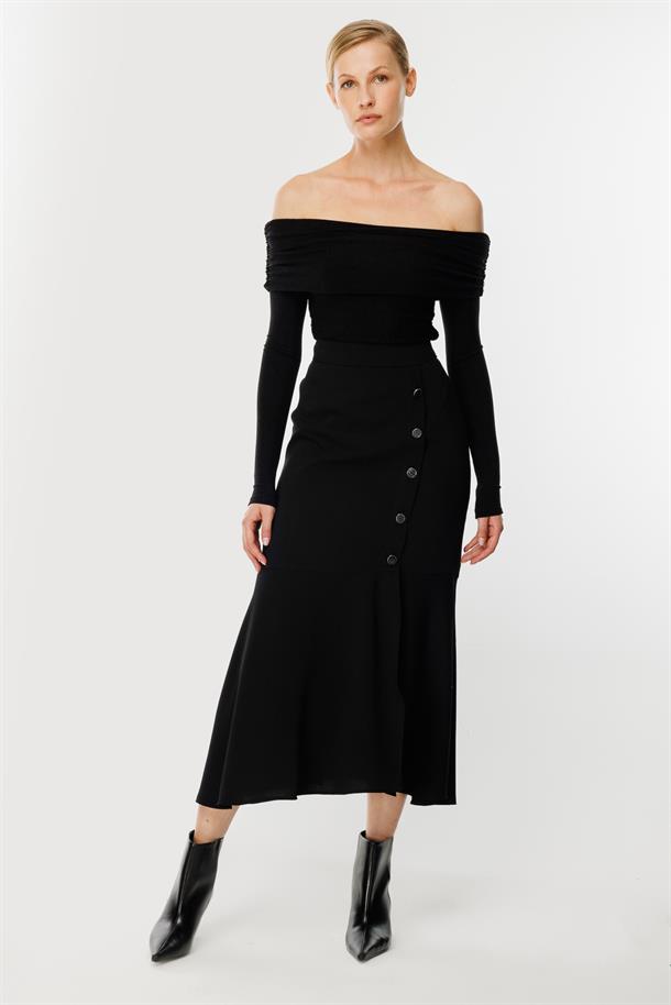 Uçları Volanlı Düğme Detaylı Etek-SİYAH