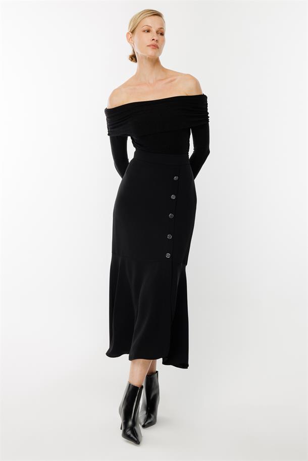 Uçları Volanlı Düğme Detaylı Etek-SİYAH