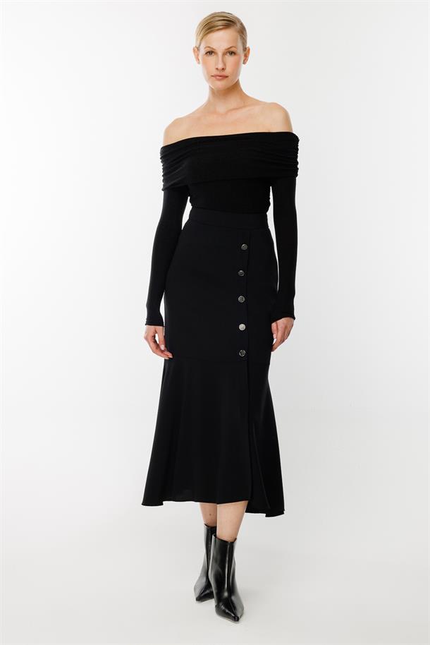 Uçları Volanlı Düğme Detaylı Etek-SİYAH
