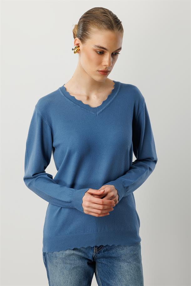 V yaka Angora Triko Kazak-İNDİGO