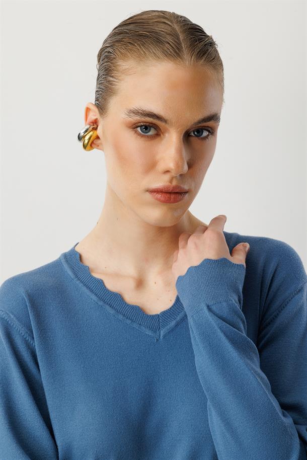 V yaka Angora Triko Kazak-İNDİGO