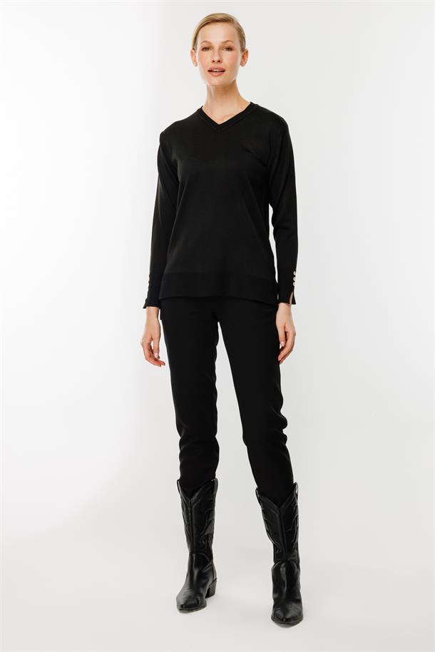 V Yaka Basic Triko Kazak-SİYAH