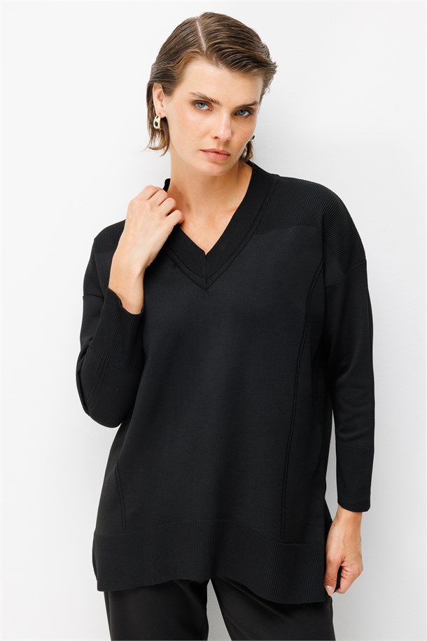 V Yaka Basic Triko Tunik-SİYAH
