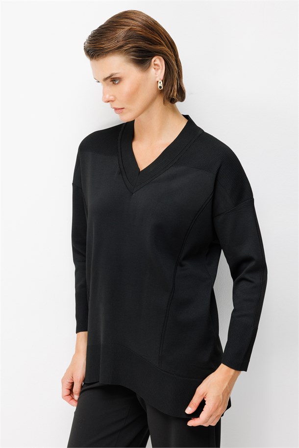 V Yaka Basic Triko Tunik-SİYAH
