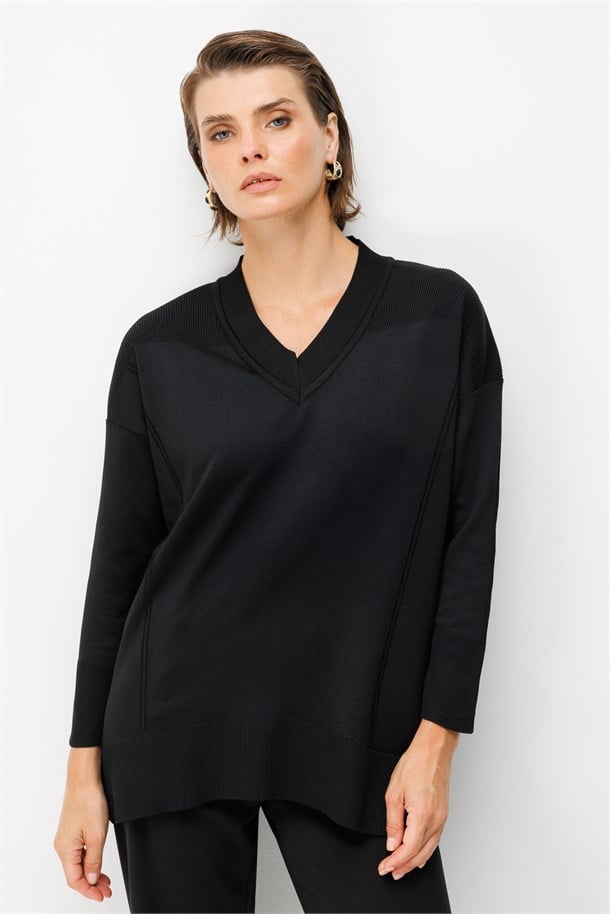 V Yaka Basic Triko Tunik-SİYAH