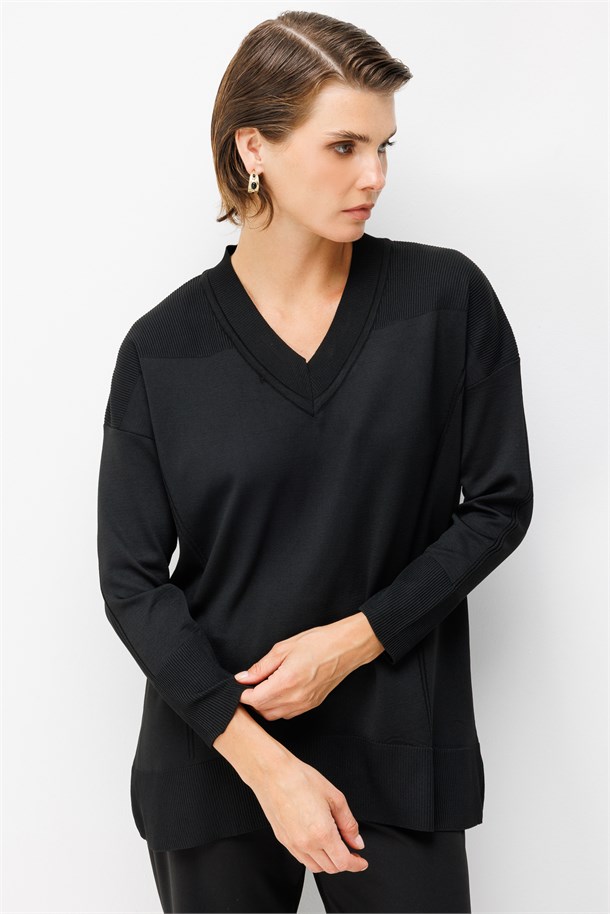 V Yaka Basic Triko Tunik-SİYAH