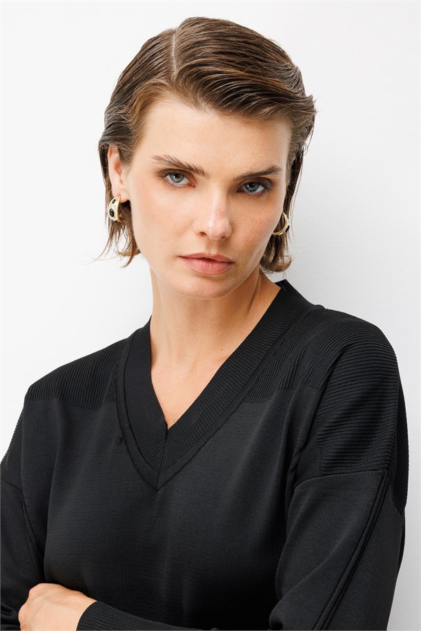 V Yaka Basic Triko Tunik-SİYAH
