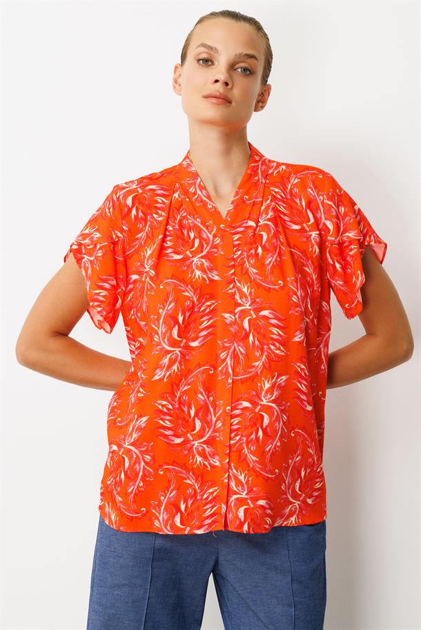 V Yaka Desenli Bluz-KIRMIZI