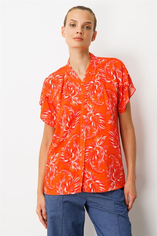 V Yaka Desenli Bluz-KIRMIZI