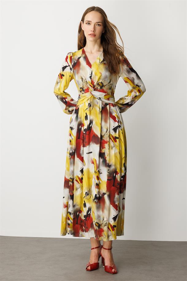 V Yaka Desenli Uzun Elbise-SARI