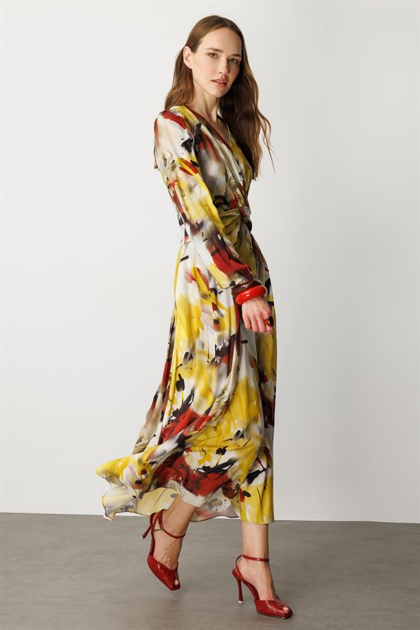 V Yaka Desenli Uzun Elbise-SARI