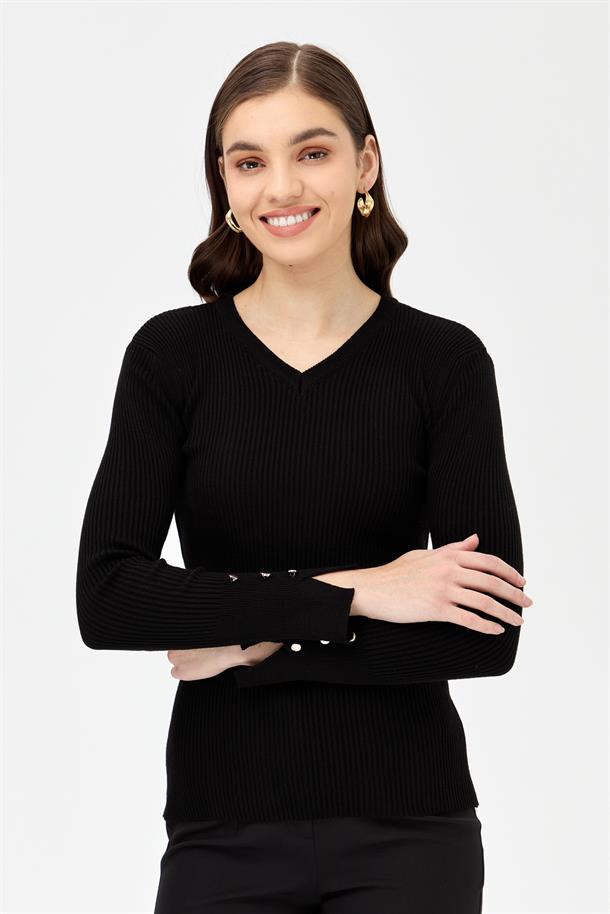 V Yaka Fitilli Basic Triko Kazak-SİYAH