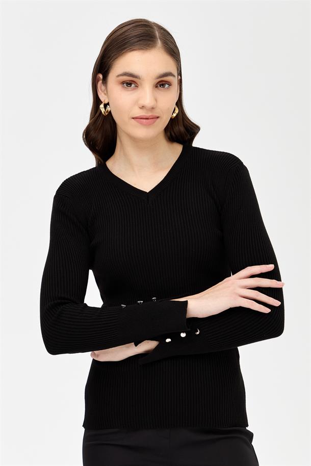 V Yaka Fitilli Basic Triko Kazak-SİYAH