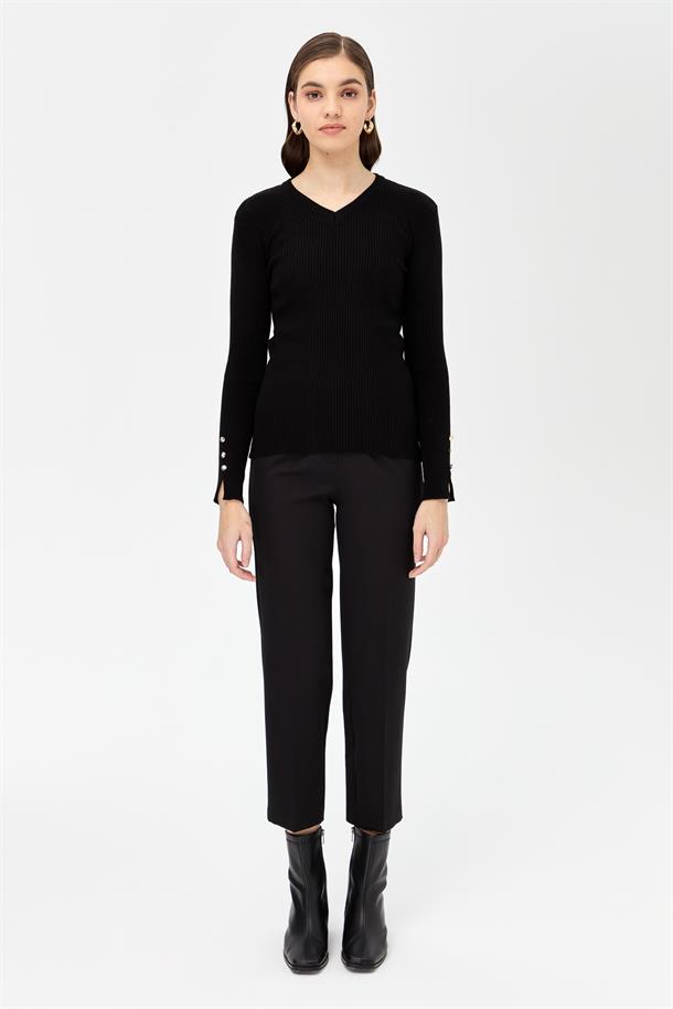 V Yaka Fitilli Basic Triko Kazak-SİYAH