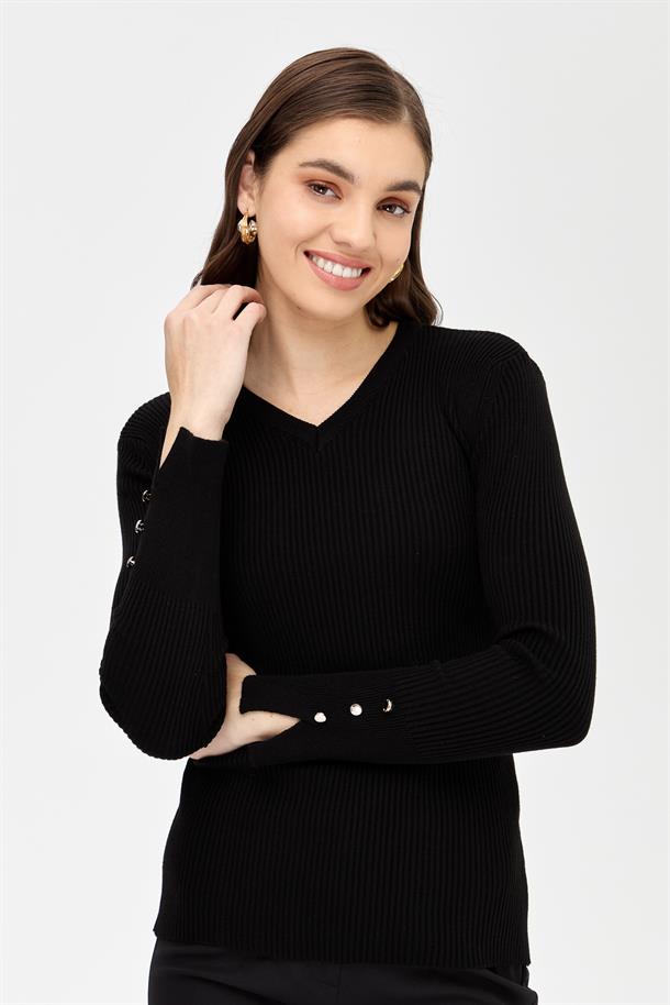 V Yaka Fitilli Basic Triko Kazak-SİYAH