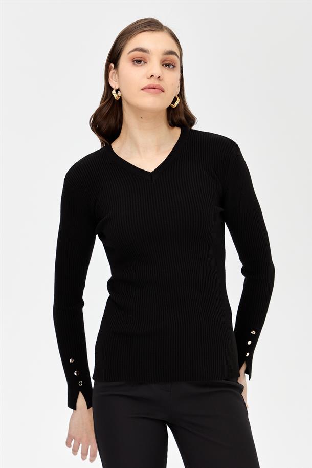 V Yaka Fitilli Basic Triko Kazak-SİYAH